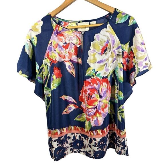 MAEVE ANTHROPOLOGIE Women's Gardenia Floral Silk Blouse Blue Size 4 - Picture 2 of 11
